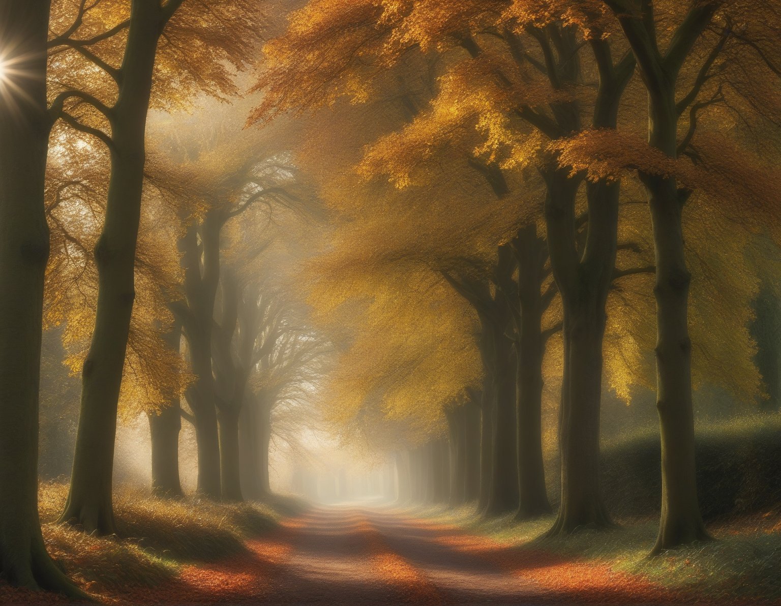 photograph, a path in the woods with leaves and the sun shining , by Julian Allen, dramatic autumn landscape, ears, park, take off, peace, rich cold moody colours, hi resolution, oaks