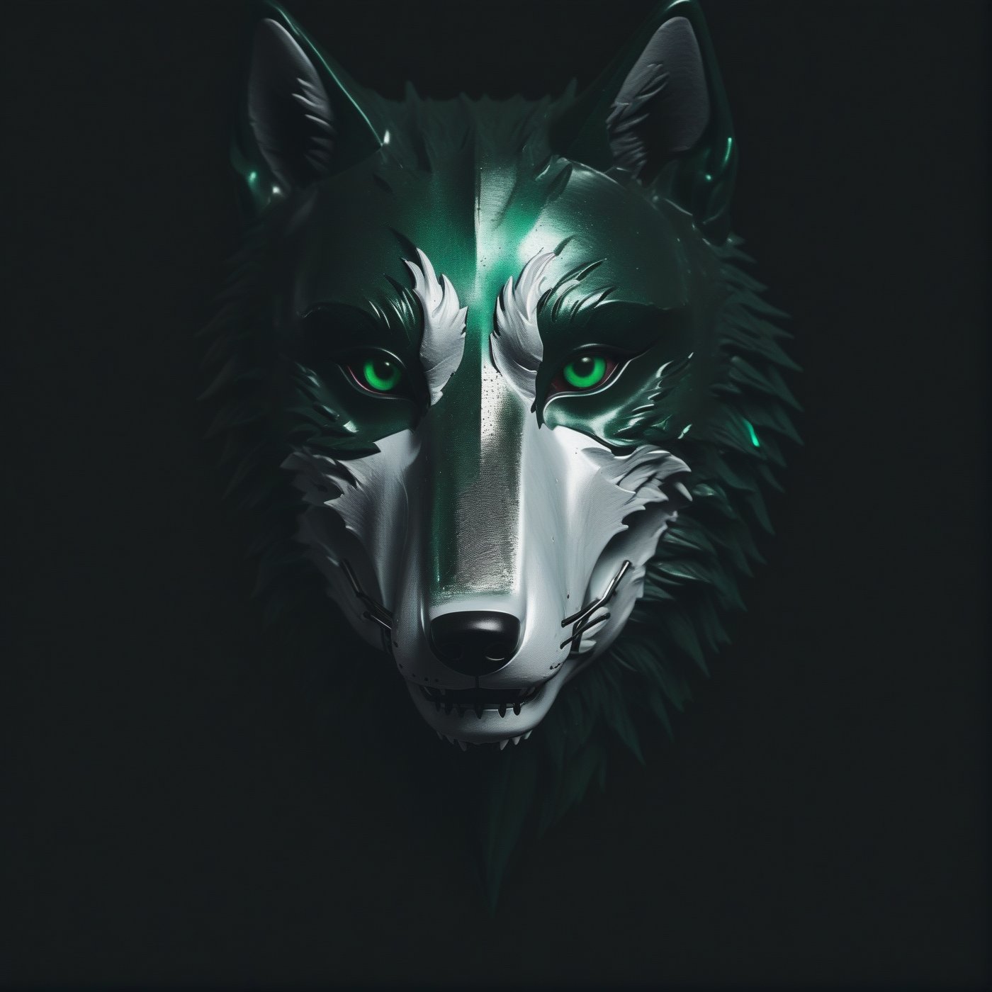 Photograph of a heist mask shaped like a wolf with horror design, metallic green and fluid silver like mercury, minimalistic blurry horror background, horror light GlitchStyle, glitch, flickering, digital, glitching FaeTastic:aidma-Image
