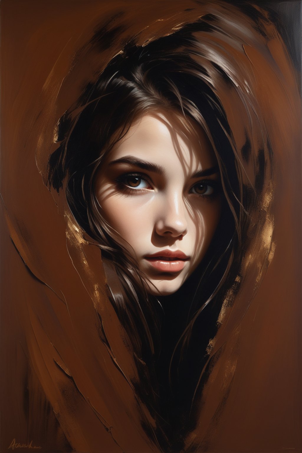 (An oil painting of beautiful a gorgeous young girl) featuring bold, aggressive strokes of Drab dark brown color emerges from a deep shadow, creating a dynamic interplay of light and dark. The thick application of Drab dark brown color paint forms a textured surface, enhancing the sense of depth and dimensionality. Layered in a parallax style, the Drab dark brown colors fluctuate as the viewer shifts perspective, revealing rich undertones and subtle variations in hue. This dramatic composition invites exploration, with swirling forms and jagged edges that evoke a sense of movement and chaos, transforming the canvas into an immersive experience of visceral energy.