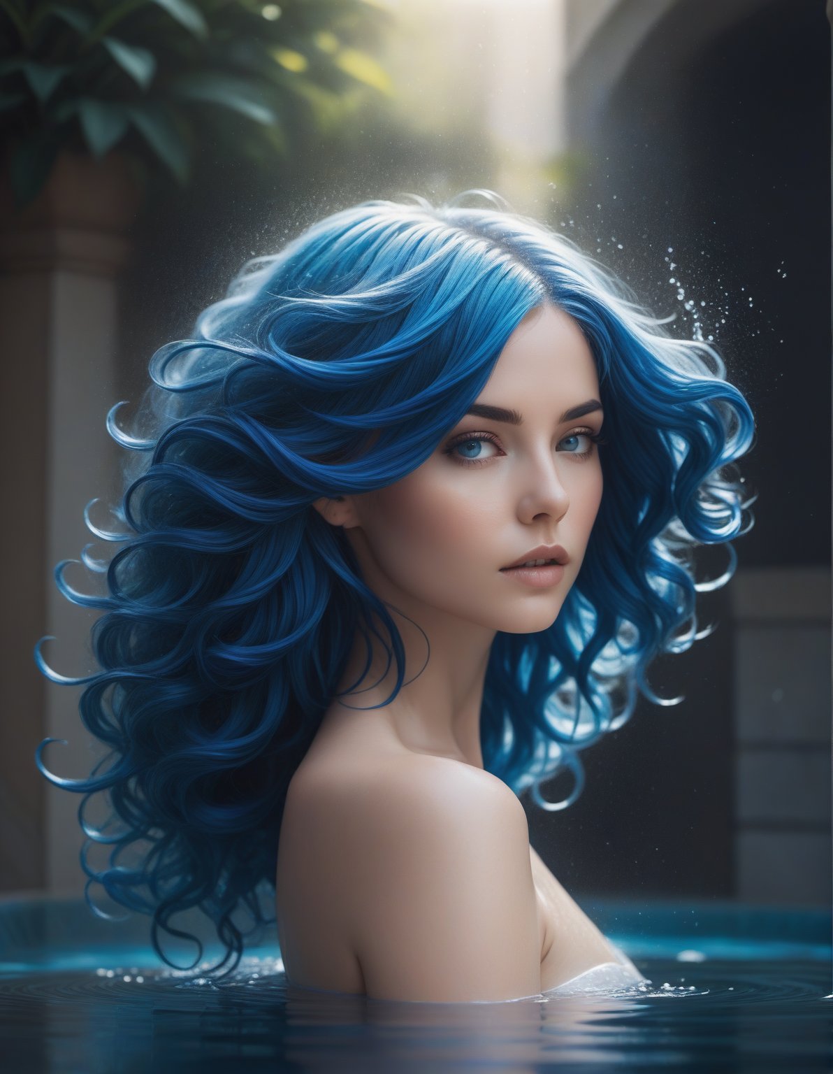 In this striking conceptual art piece, a captivating silhouette of a woman with cascading blue hair is highlighted against a predominantly white background. She is bathing in serene water, and her hair creates a mesmerizing wavy pattern, seamlessly merging with the water below. The partially submerged figure is enveloped by the water's movement, accentuating her graceful form. The vivid blue tones of her hair and intricate patterns beneath her draw the viewer in, making her the focal point of this cinematic illustration. The overall composition exudes calm and tranquility, creating a vibrant and awe-inspiring visual experience., vibrant, conceptual art, illustration, cinematic