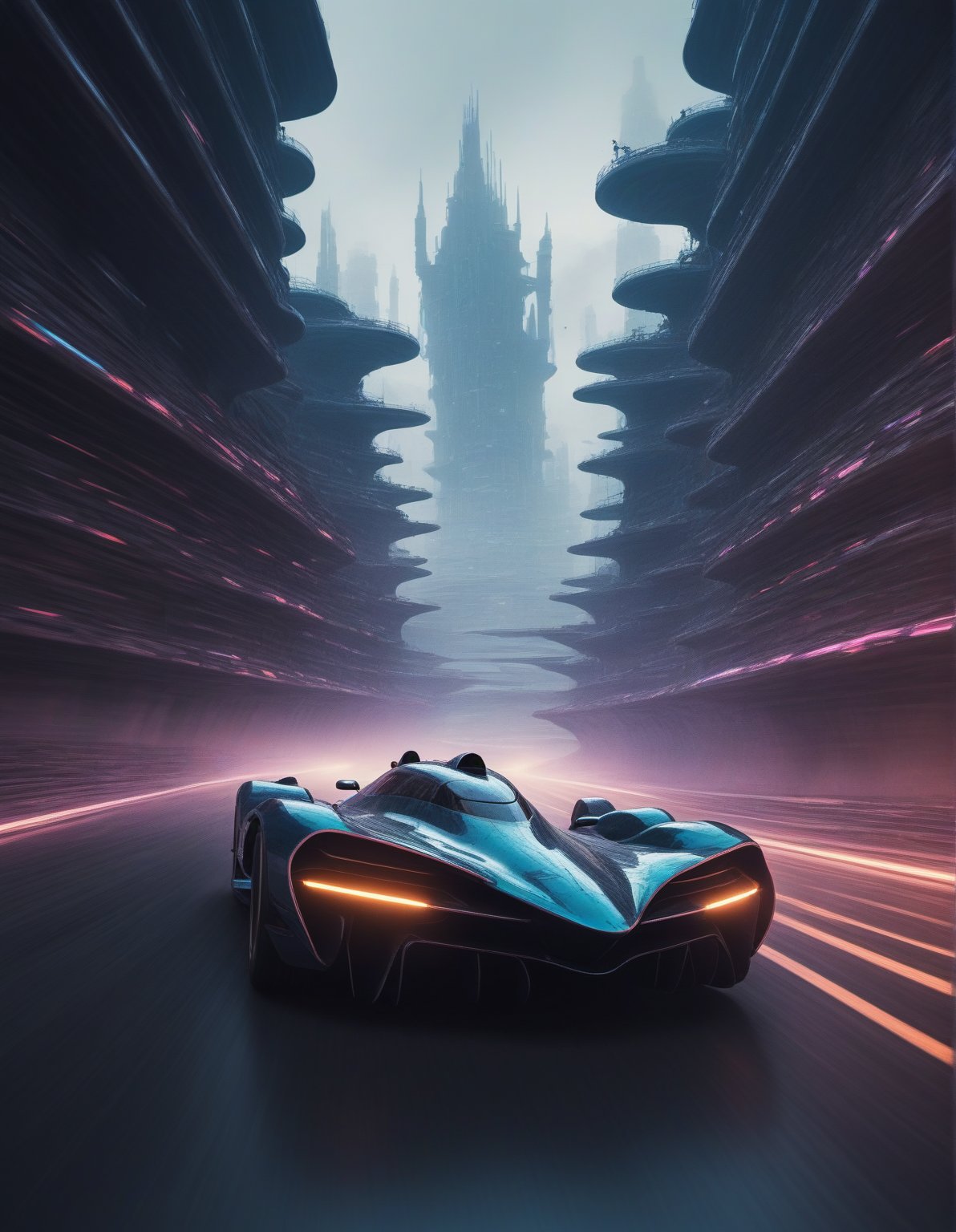 A futuristic F-Zero-style race car rockets down an impossibly twisted, gravity-defying racetrack in a dystopian, foggy District 9-inspired world. The view is from behind the sleek, geometrical vehicle as it speeds along a sci-fi racecourse, surrounded by crumbling Scibu architecture that rises like jagged towers through the haze. The track itself defies reality—parts are made of light, glowing with neon colors that cut through the greyish, dystopian atmosphere. Vibrant motion blurs as the car takes a sharp turn on the twisted track, where gravity seems irrelevant. Elements of the road hang in midair, spiraling into chaotic loops. Low-tone, moody colors dominate the scene, creating a surreal, dynamic action shot that feels both exhilarating and unsettling in its stark contrast of vibrant lights against the decayed, dystopian backdrop.