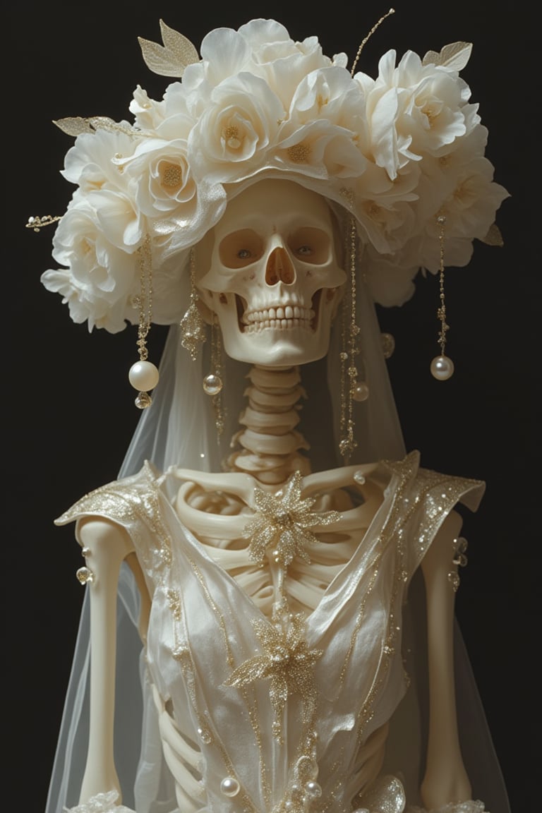 A beautifully haunting image, a skeleton of a woman in a wedding dress adorned with a white hat bedecked in shimmering pearl pendants. The intricate details of the skeletal form are elegantly juxtaposed with the delicate, elegant bridal attire. This high-quality photograph captures the essence of beauty and decay in a mesmerizing way, drawing viewers into the striking contrast of life and death. The image is a stunning masterpiece that skillfully captures the fleeting nature of time.