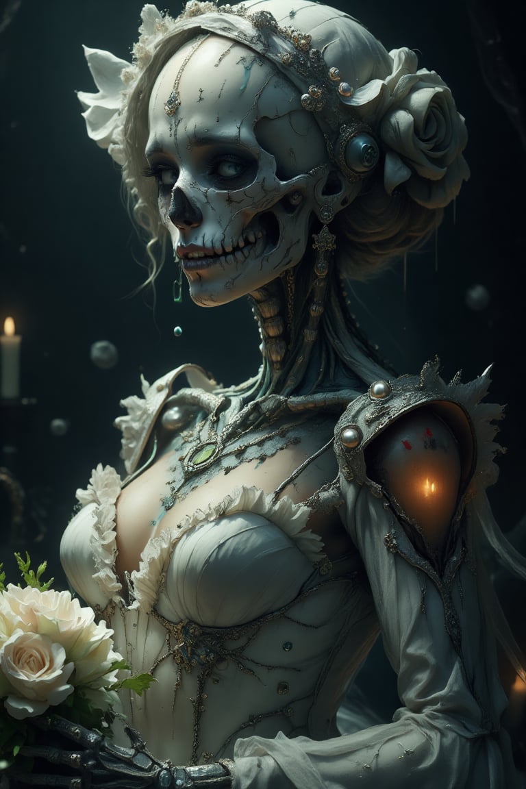 A beautifully haunting image, a skeleton of a woman in a wedding dress adorned with a white hat bedecked in shimmering pearl pendants. The intricate details of the skeletal form are elegantly juxtaposed with the delicate, elegant bridal attire. This high-quality photograph captures the essence of beauty and decay in a mesmerizing way, drawing viewers into the striking contrast of life and death. The image is a stunning masterpiece that skillfully captures the fleeting nature of time.