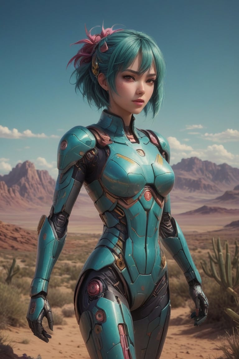 a robot woman wearing a raspberry-inspired suit in the desert, blue green yellow color grading