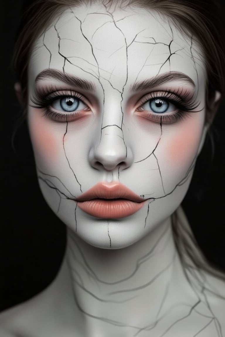 Create a Halloween makeup look inspired by an old, cracked porcelain doll. Use a pale base with over-exaggerated blush on the cheeks, large, doll-like eyes using white eyeliner, and painted-on lower lashes. Draw cracks across the face, and add a sinister smile with overdrawn lips.