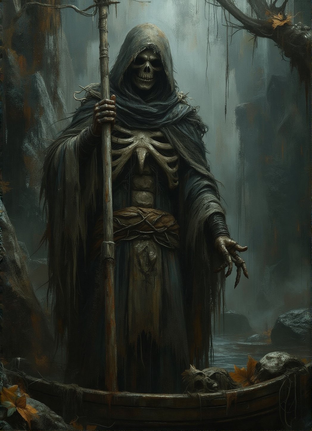 Deep in the underworld stands Charon, the spectral ferryman of souls. A vision of haunting beauty, his ethereal form is draped in tattered robes that billow ominously in the eerie mists of the River Styx. The painting depicts him with skeletal hands gripping the oar of his boat, a vessel that glides silently through the dark waters. His hooded visage is etched with ageless grief, each shadowy crevice a well of ancient wisdom. This hauntingly exquisite image captures his enigmatic presence with unparalleled precision and skill.
