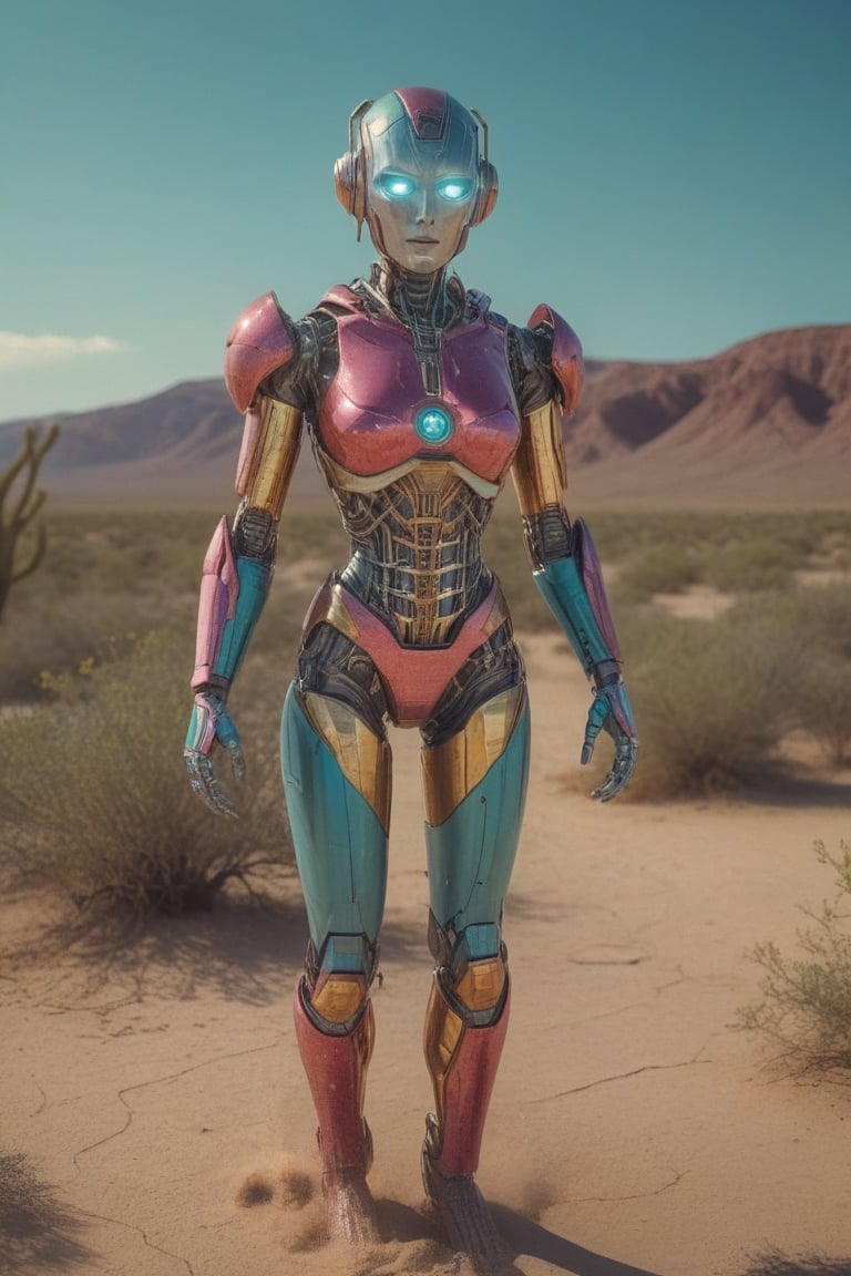 a robot woman wearing a raspberry-inspired suit in the desert, blue green yellow color grading