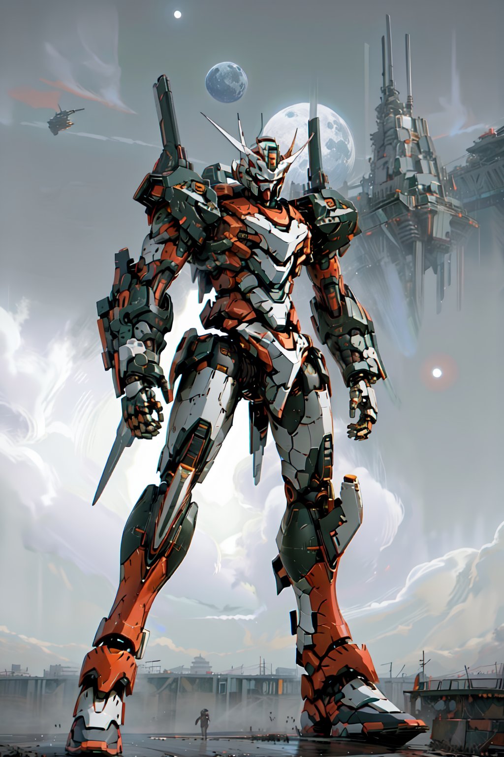 Mech solo, hulk colorway, standing, full body, grey background, no humans, robots in background, mecha, clenched hands, science fiction, looking ahead hero stance, nighttime scene full_moon, ,PD-802,BJ_Gundam,robot,Robotanimestyle