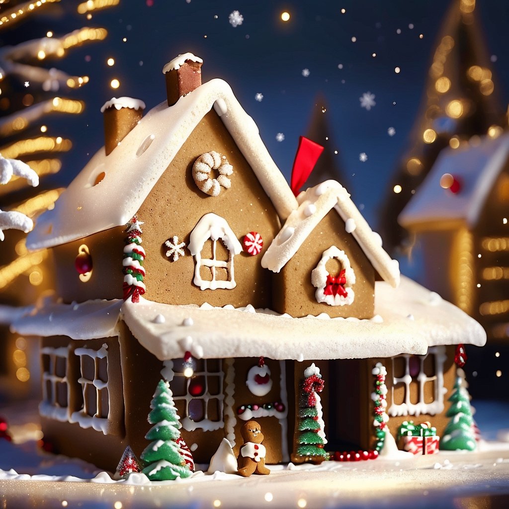 A gingerbread house with a gingerbread man with large snowflakes falling in the background. #Christmas by telos on Tensor.Art