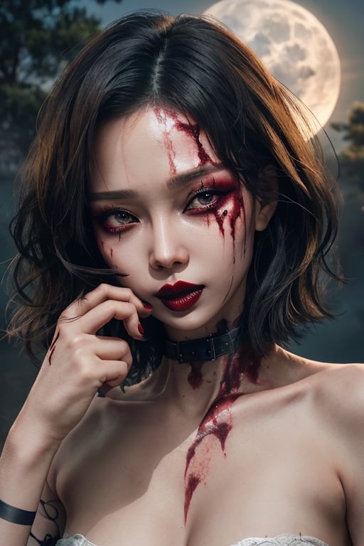 blind blood Dark makeup,Dark scene, ((smudged lipstick)), smeared makeup,sneer,wiping lips with thumb pads,moonlight only ,perfect,horror, crooked lipstick, smoky,Smokey makeup, Squinting eyes,hand,perfect lip,pov_eye_contact,Many faces are covered with red marks,fingers