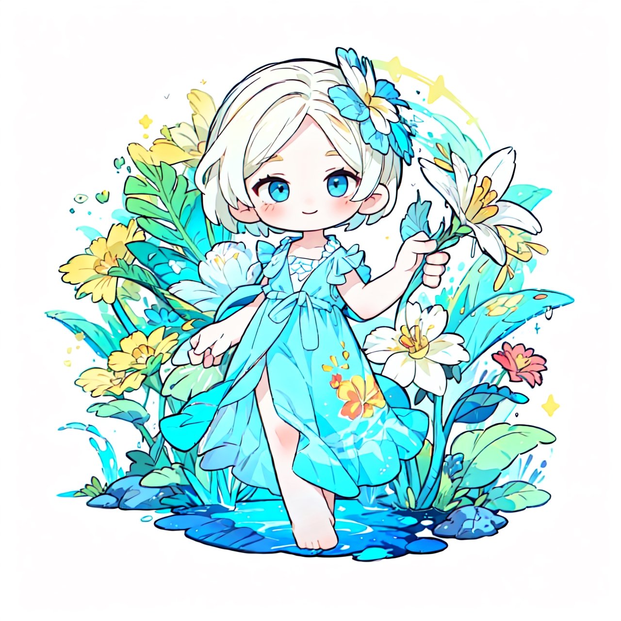 Circle,stickers,(masterpiece, top quality, best quality, official art, beautiful and aesthetic:1.2), (1girl:1.3), SharpEyess, smile,music,flower,colorful,(close up),light_blonde_hair,ocean tropical island style,dress,Simple,Women Surplice Tropical 
Maxi Cami Summer Dress
