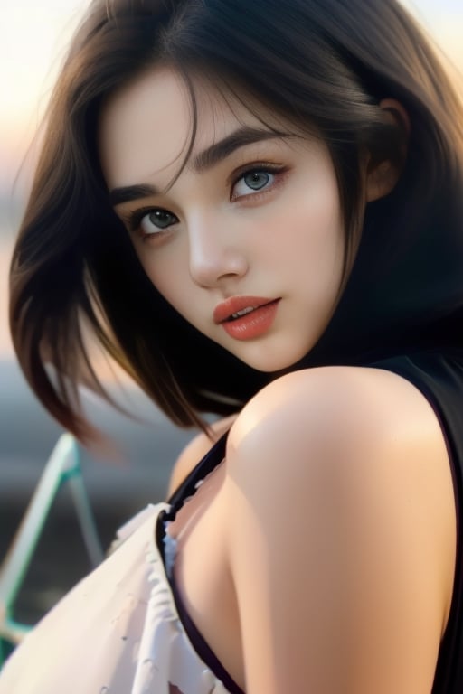 young woman, big eyes, bushy eyebrow, full lips, large and natural bust, short black hair, transparent dress, realistic, details.,blurry_light_background,z1l4