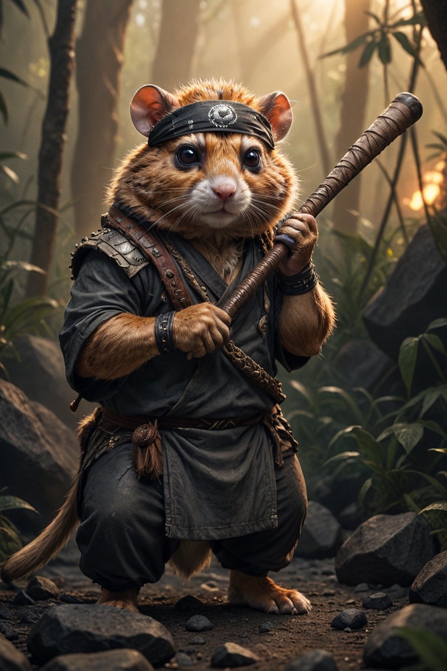 a (muscular:0.5) furry (martial arts master:0.7) battle (hamster:1.2) mafioso (monk:0.5) holding a crude club studded with dark rocks. He has one eye and a bandana (eye patch:1.3). His fur is blackened, but he wields the baseball bat with fierce determination. The morning sunrise highlights him with impeccable (cinematic backlighting) as it burns away the morning mist of the jungle. perfectly drawn hands, cinematic scene, dramatic lighting, hyperdetailed photography, soft light, full body portrait, cover. shot on Blackmagic Pocket Cinema Camera 6K Pro and a Sigma Cine Prime 35mm f/1.4 lens (f/4.0, moderate ISO)