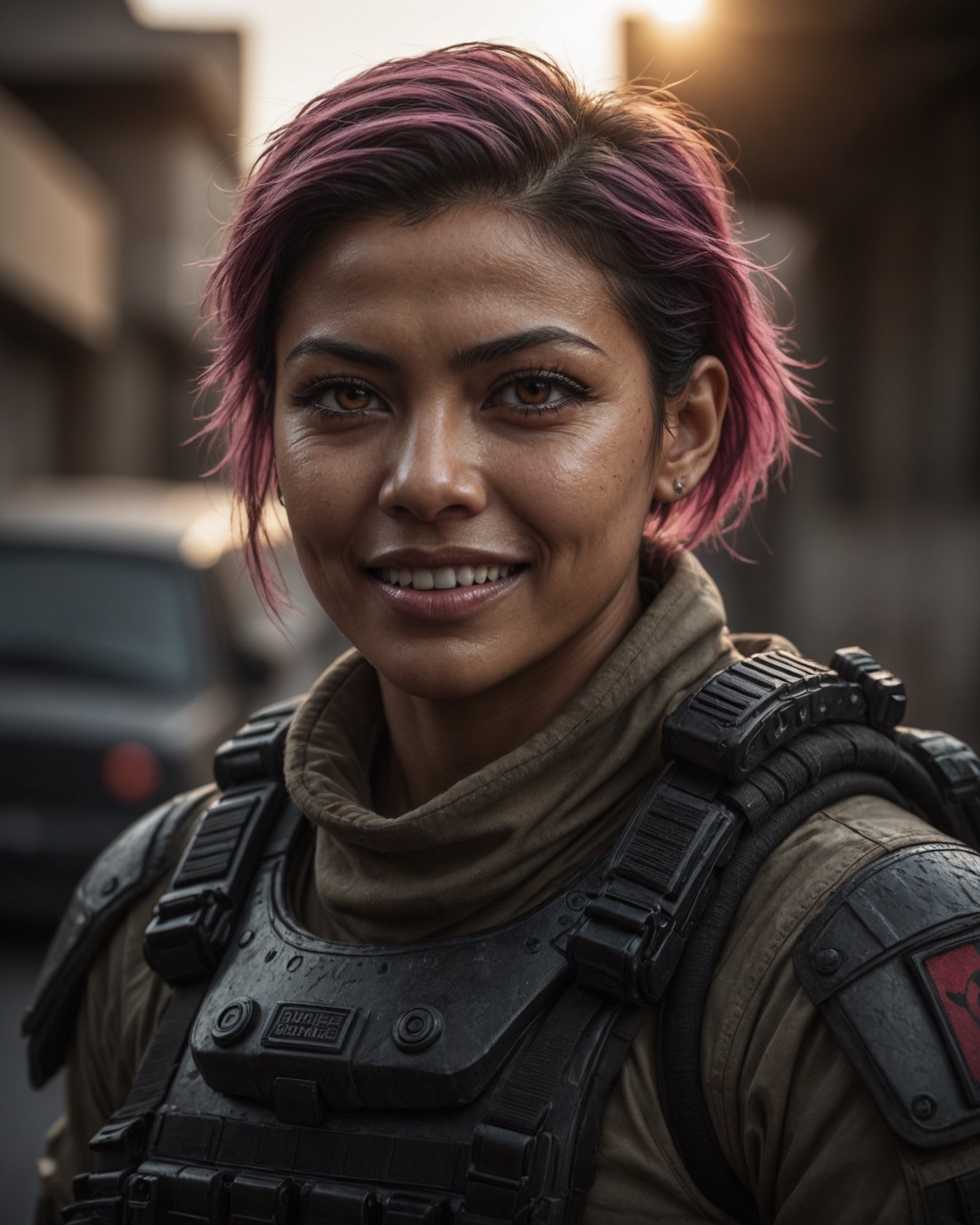 detailed cinematic photo of a Japanese-Persian-Brazilian spec-ops navy SEAL woman with dark skin,  bright pink_eyes,  and...