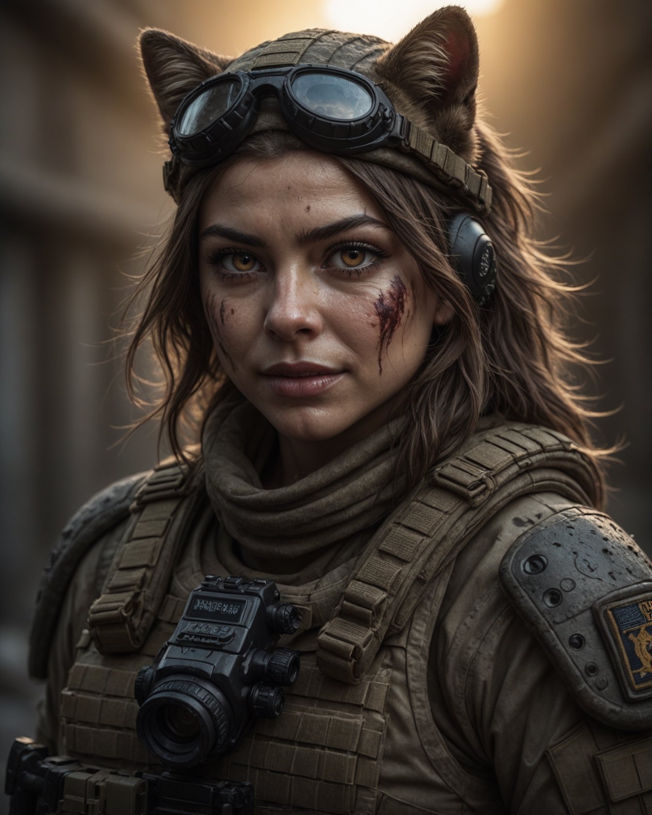 detailed cinematic photo of a spec-ops ((navy SEAL)) catgirl. She wears full (modern infantry) camo gear with kevlar shoul...