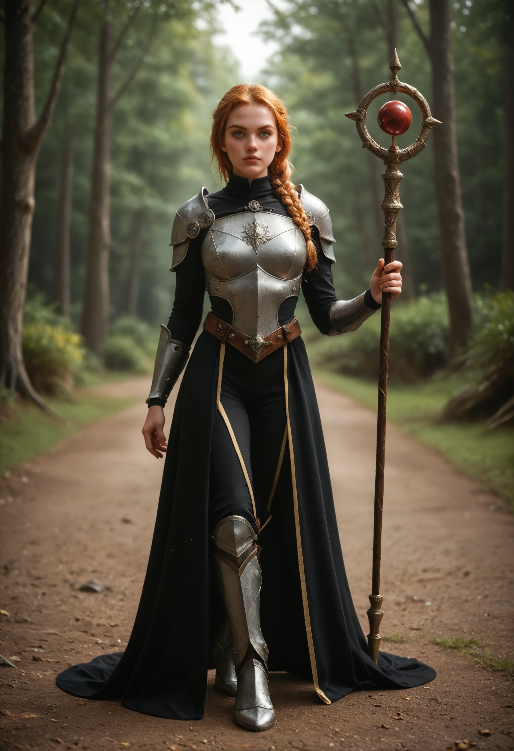 score_9_up, score_8_up, score_7_up, realistic, rating_safe, full body shot of a confident red-haired female adventurer with (beautiful green eyes) and freckles in futuristic attire holding an arcane wizard staff walking through a (sinister forest). (blonde hair:0.9), warrior braids, duotone gradient hair. highly-detailed eyes, realistic eyes, highly-detailed face, realistic face, realistic skin, high tech gothic art style, dark and moody, intricate details, ornate patterns, medieval inspired, mysterious atmosphere, artistic and elegant. She wears a high collar black dress and a plain faded cloak, armored dress, travel dress, slit dress, pants, futuristic plate armor, hyperadvanced brigandine exosuit, chest plate, shoulder armor, silver belt, armored boots, gloves. she holds a (((long arcane wizard staff))), cinematic, dramatic, vivacious,
BREAK
backlighting, professional color grading with DaVinci Resolve, 8k, by artgerm, cinematography by Roger Deakins, directed by Akira Kurosawa,aw0k magnstyle