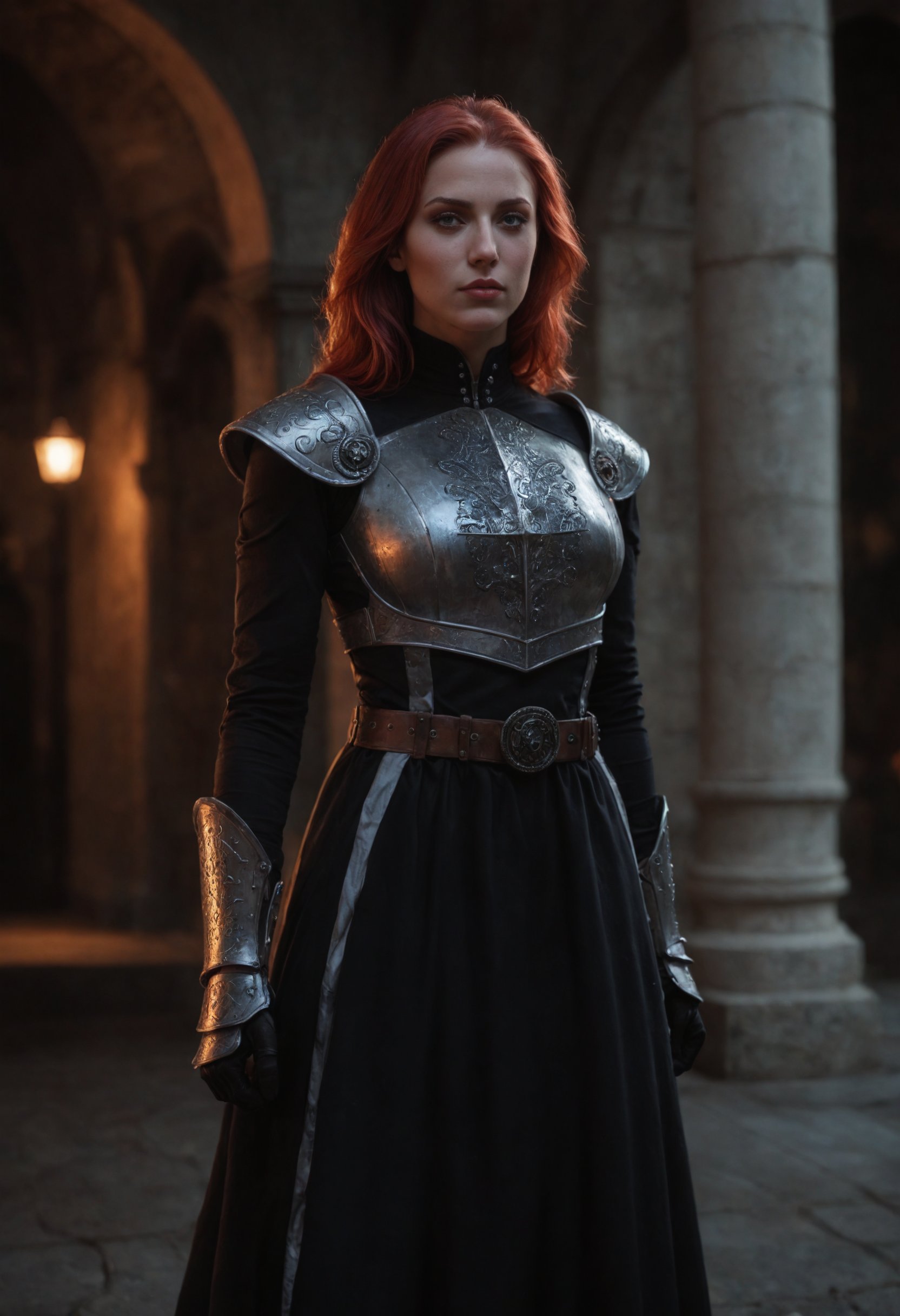 score_9,score_8_up,score_7_up, photorealistic
BREAK
full shot of a confident red-haired female adventurer in medieval attire standing against a backdrop of a ((futuristic, geometric, neon-lit landscape)), gothic art style, dark and moody, intricate details, rich colors, dramatic lighting, ornate patterns, medieval inspired, mysterious atmosphere, high contrast, artistic and elegant. She wears a high collar black dress, armored dress, travel dress, slit dress, plate armor, brigandine, shoulder armor, silver belt, armored boots, gauntlets
BREAK
EyeDetail-SDXL, fFaceDetail-SDXL, perfect hands

highly detailed,detailed skin,highly detailed face and eyes,detailed face, detailed nose, detailed eyes,depth of field,film grain,backlighting, Neutral-Density-Filter, flawless clarity, brightly lit,