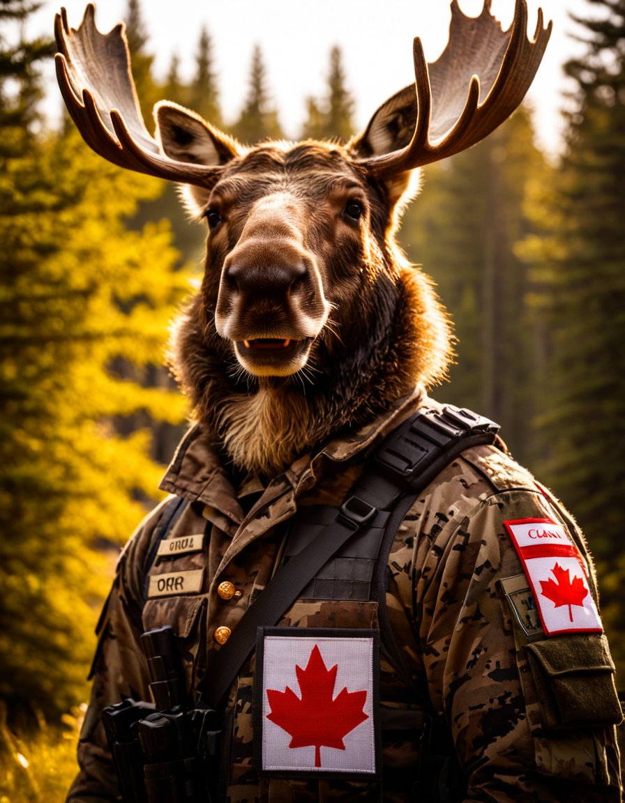 Movie Still of a moose bear spec-ops soldier, with the red and white Canadian flag on stitched onto his uniform above "Canada". Hyperdetailed photography. The lighting is cinematic and gorgeous and soft and sun-kissed, with golden backlight and dreamy bokeh and lens flares. The color grade is cinematic and magical. very detailed, high resolution photography, soft illumination, sunrise backlighting, professional color grading, muted skin colors, perfectly clear, sharp focus on subject, detailed skin, imperfect skin texture, skin pores.

Realistic photograph captured with a Canon EOS R6 Mark II and a 35mm f/2.8 lens,  beautiful eyes, detailed eyes, highly-detailed eyes, expressive eyes,soft tones, intricate details, vibrant night shot, dark HDR skyline, impeccable backlighting, vivacious, depth and emotion, captivating and enigmatic, magical atmosphere, artistic and elegant, very detailed, high resolution digital photography, soft illumination, backlighting, professional color grading, muted skin colors, perfectly clear, sharp focus on subject, detailed skin, imperfect skin texture, skin pores, perfect teeth,midjourneyv6.1