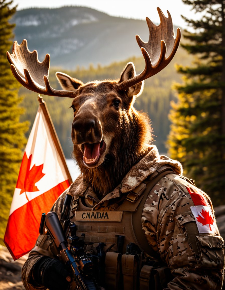 Movie Still of a moose bear spec-ops soldier, with the red and white Canadian flag on stitched onto his uniform above "Canada". Hyperdetailed photography. The lighting is cinematic and gorgeous and soft and sun-kissed, with golden backlight and dreamy bokeh and lens flares. The color grade is cinematic and magical. very detailed, high resolution photography, soft illumination, sunrise backlighting, professional color grading, muted skin colors, perfectly clear, sharp focus on subject, detailed skin, imperfect skin texture, skin pores.

Realistic photograph captured with a Canon EOS R6 Mark II and a 35mm f/2.8 lens,  beautiful eyes, detailed eyes, highly-detailed eyes, expressive eyes,soft tones, intricate details, vibrant night shot, dark HDR skyline, impeccable backlighting, vivacious, depth and emotion, captivating and enigmatic, magical atmosphere, artistic and elegant, very detailed, high resolution digital photography, soft illumination, backlighting, professional color grading, muted skin colors, perfectly clear, sharp focus on subject, detailed skin, imperfect skin texture, skin pores, perfect teeth,midjourneyv6.1