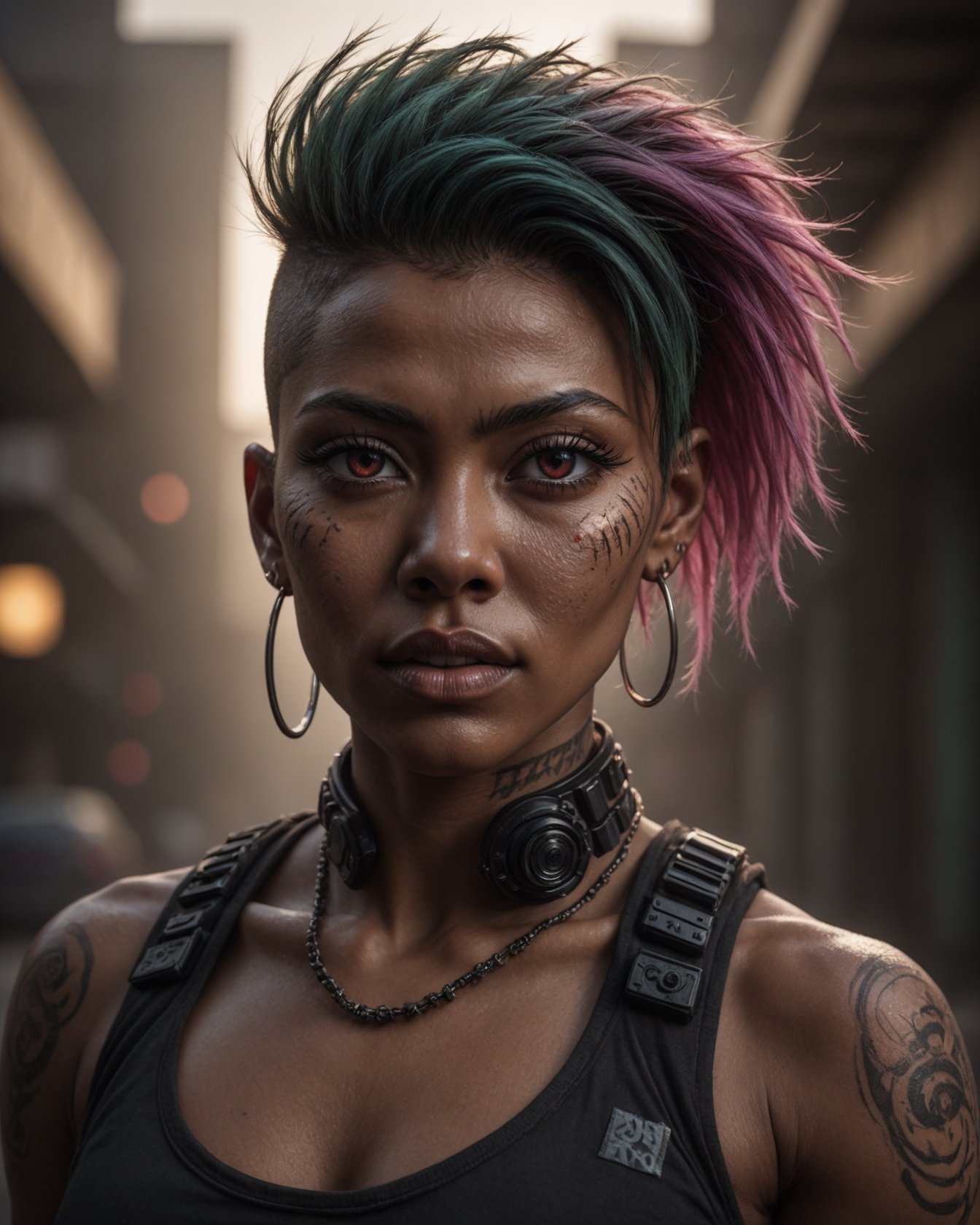 detailed cinematic photo of a beautiful Japanese-Persian-Brazilian goth cyberpunk woman with dark skin,  pink_eyes,  and u...
