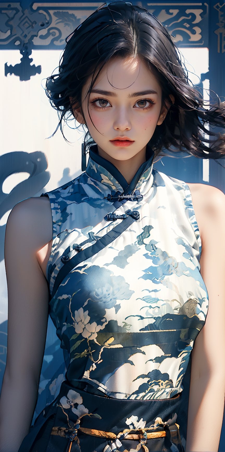 A Chinese woman (16 years old, with long black hair combed back, wearing white traditional flat-mouthed Hanfu Vest, No sleeves,with a slightly frightened expression, big breasts, and severe dissolved holes in her clothes revealing her body)Put on a fighting posture,In the ancient Taoist square . High detail, delicate handling, realistic.