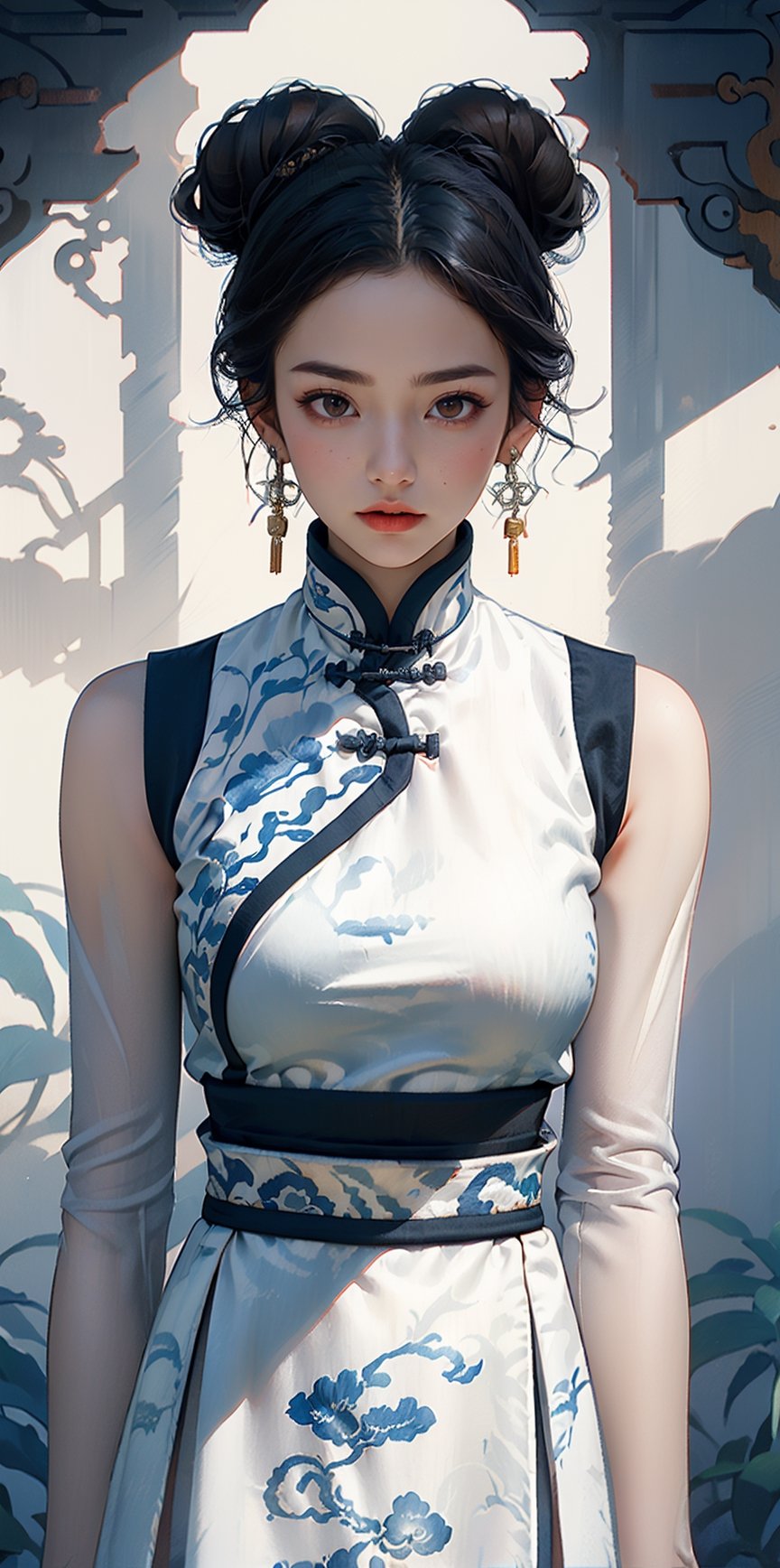 A Chinese woman (16 years old, with long black hair combed back, wearing white traditional flat-mouthed Hanfu Vest, No sleeves,with a slightly frightened expression, big breasts, and severe dissolved holes in her clothes revealing her body)Put on a fighting posture,In the ancient Taoist square . High detail, delicate handling, realistic.