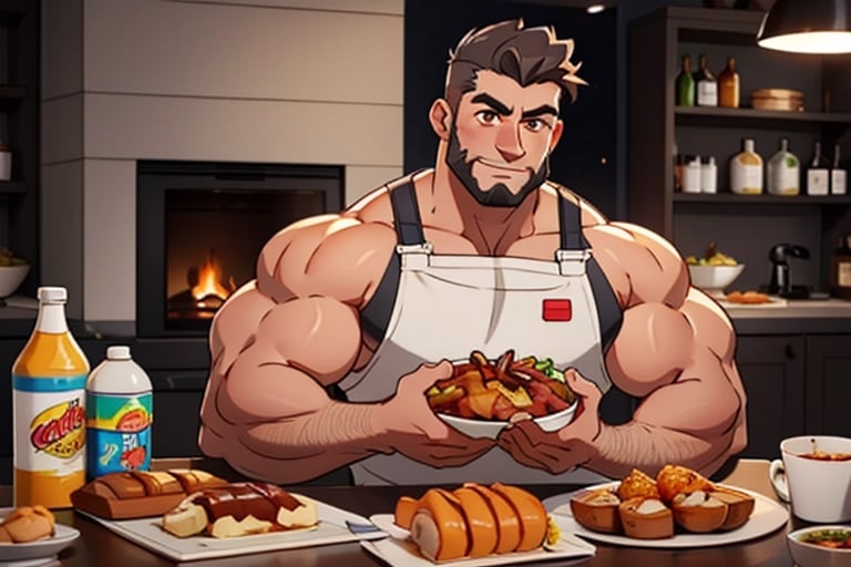 (best Quality), (Masterpiece), arafed, an illustration of a grown man, (mature_male), light_brown skin, (bara), rugged, muscular_pecs , thick forearms, solo, facial hair, short hair, manly, solo, broad shoulders, slight smile, gray_hair, dyed_hair,(1man),muscular, brown eyes , chef ,sitting,foodstyle,Mukbang