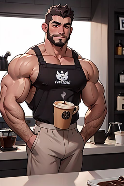 (best Quality), (Masterpiece), arafed, an illustration of a grown man, (mature_male), light_brown skin, (bara), rugged, muscular_pecs , thick forearms, solo, facial hair, short hair, manly, solo, broad shoulders, slight smile, gray_hair, dyed_hair,(1man),muscular, brown eyes , barista, coffee ,Mukbang