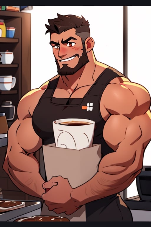 (best Quality), (Masterpiece), arafed, an illustration of a grown man, (mature_male), light_brown skin, (bara), rugged, muscular_pecs , thick forearms, solo, facial hair, short hair, manly, solo, broad shoulders, slight smile, gray_hair, dyed_hair,(1man),muscular, brown eyes , barista, coffee ,Mukbang,handsome male