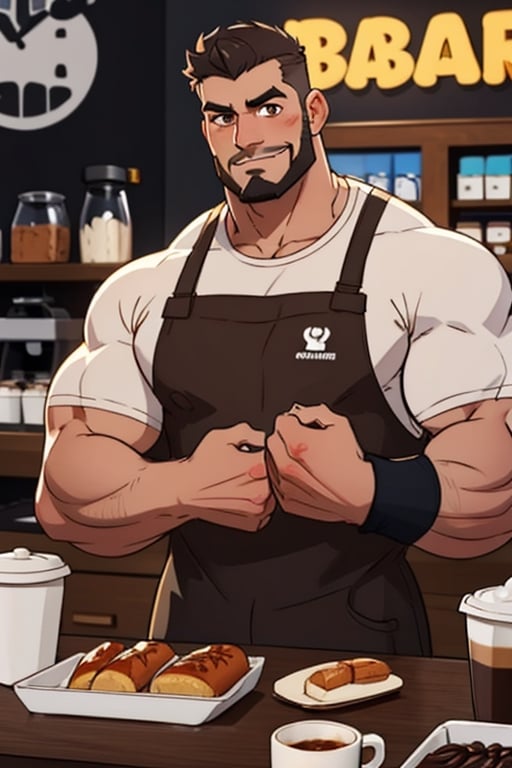 (best Quality), (Masterpiece), arafed, an illustration of a grown man, (mature_male), light_brown skin, (bara), rugged, muscular_pecs , thick forearms, solo, facial hair, short hair, manly, solo, broad shoulders, slight smile, gray_hair, dyed_hair,(1man),muscular, brown eyes , barista, coffee ,Mukbang