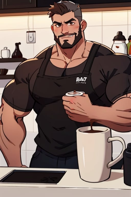 (best Quality), (Masterpiece), arafed, an illustration of a grown man, (mature_male), light_brown skin, (bara), rugged, muscular_pecs , thick forearms, solo, facial hair, short hair, manly, solo, broad shoulders, slight smile, gray_hair, dyed_hair,(1man),muscular, brown eyes , barista, coffee ,Mukbang,handsome male