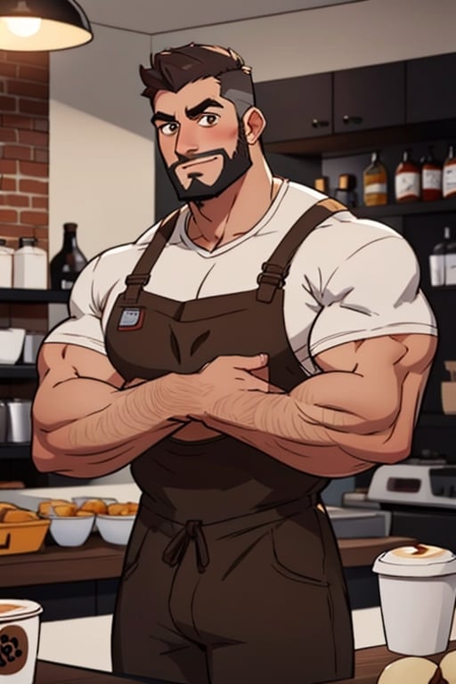 (best Quality), (Masterpiece), arafed, an illustration of a grown man, (mature_male), light_brown skin, (bara), rugged, muscular_pecs , thick forearms, solo, facial hair, short hair, manly, solo, broad shoulders, slight smile, gray_hair, dyed_hair,(1man),muscular, brown eyes , barista, coffee ,Mukbang