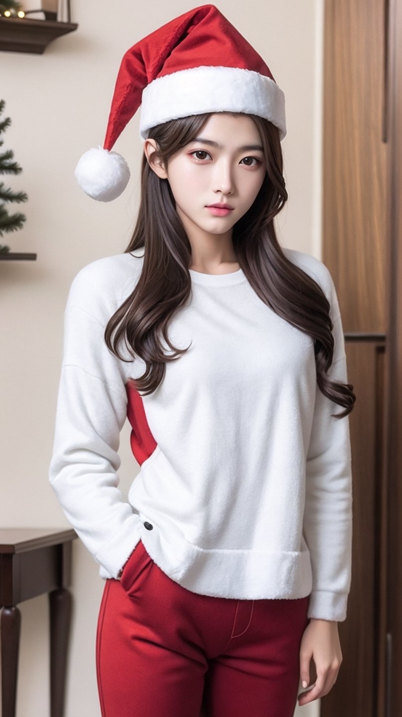 wallpaper character,
1girl, solo, (full body), santa suit, christmas_hat, 1girl, solo, telephoto lens, exquisite facial features, perfect face, glowing skin, long hair,kpop,boy,chinatsumura,young man