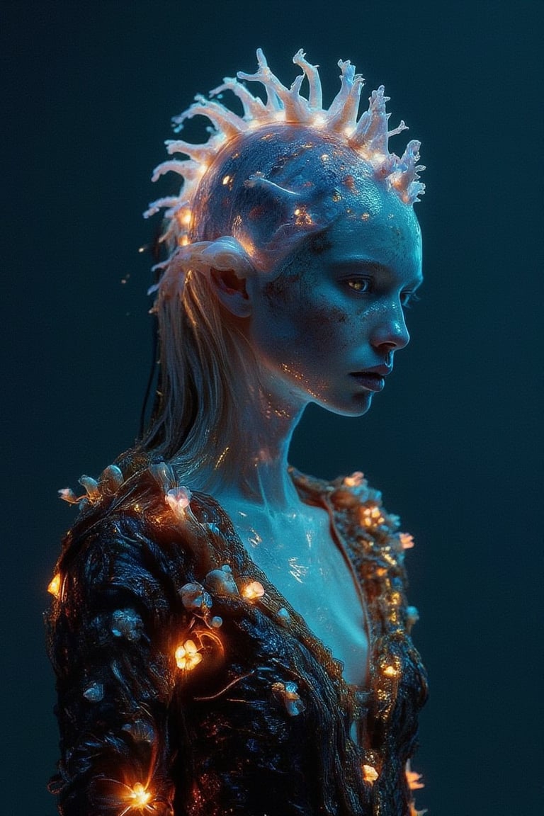 An oceanic oracle rises from the depths of the sea, her form both fluid and ethereal. Her head is adorned with an abstract crown made of coral, intricately shaped and glowing with bioluminescent blues and purples. The coral crown is intertwined with delicate gold ornamentals, shimmering like treasure found in the deep ocean. Her hair flows like water, blending seamlessly into the surrounding waves, and her skin has a soft, iridescent sheen. She wears a gown made of seaweed and shells, with gold accents woven throughout, and delicate sea flowers bloom along her arms, glowing softly in the dim light of the ocean. The scene is mysterious and enchanting, capturing the deep, ancient wisdom of the sea, similar to the underwater fantasy art of Tomasz Alen Kopera.,Weird_Aquatic_Style