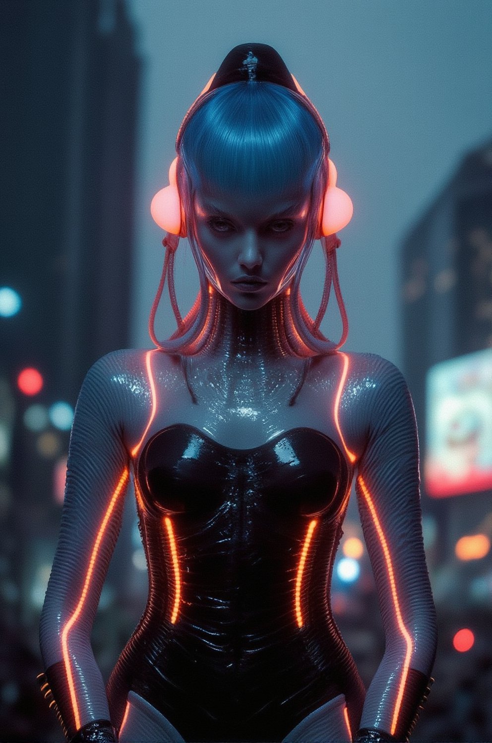 best quality, masterpiece, Expressiveh, android girl, full body, (realistic:1.3, 16K, top quality, masterpiece, Ultra-high resolution), ((light rain, bottom)), Perfect dynamic composition:1.2, Highly detailed skin, Incredibly thin body, blue HAIR, fair skin, ((neon cyberpunk plug suit)), necklace, earrings, bracelet, ((flat chest)), (thigh gap), blank expression, (Modern futuristic city at night, Expressions of sadness:0.5), ((cyberpunk motorcycle)),Weird_Aquatic_Style,weird_futuristic_fashion