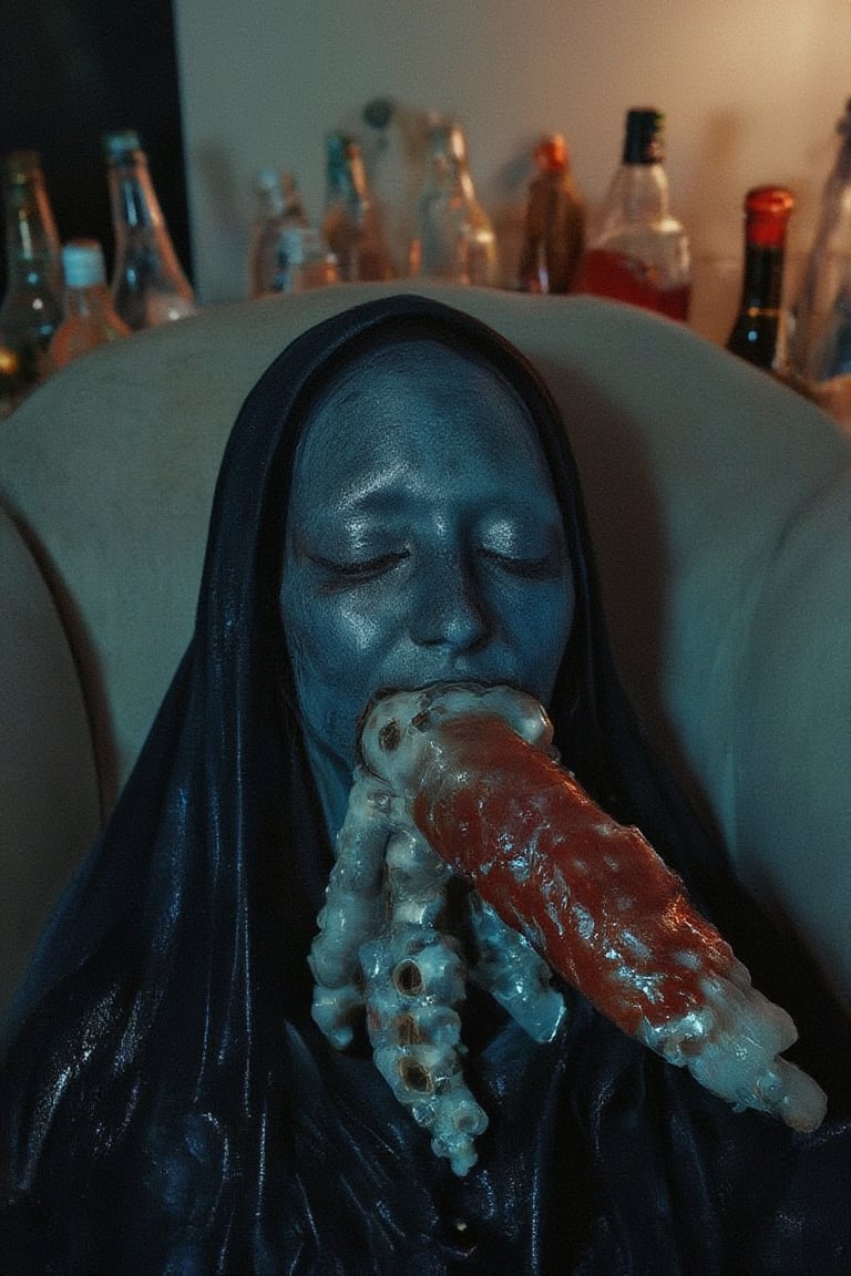 A bizarre blueish alien creature with tentacles, extremely drunk, slumped on a couch in a dirty apartment, eating kebab, surrounded by empty alcohol bottles,Weird_Aquatic_Style