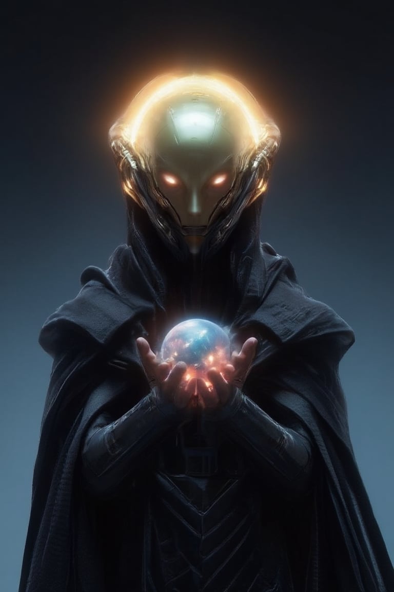 futuristic hooded rogue commando with futuristic gold mask and cape, glowing eyes, holding galaxy in hand, photorealistic, cinematic lighting, volumetric lighting, hypermaximalist,weird_futuristic_fashion,mecha armour,MEDIEVAL ARMOR