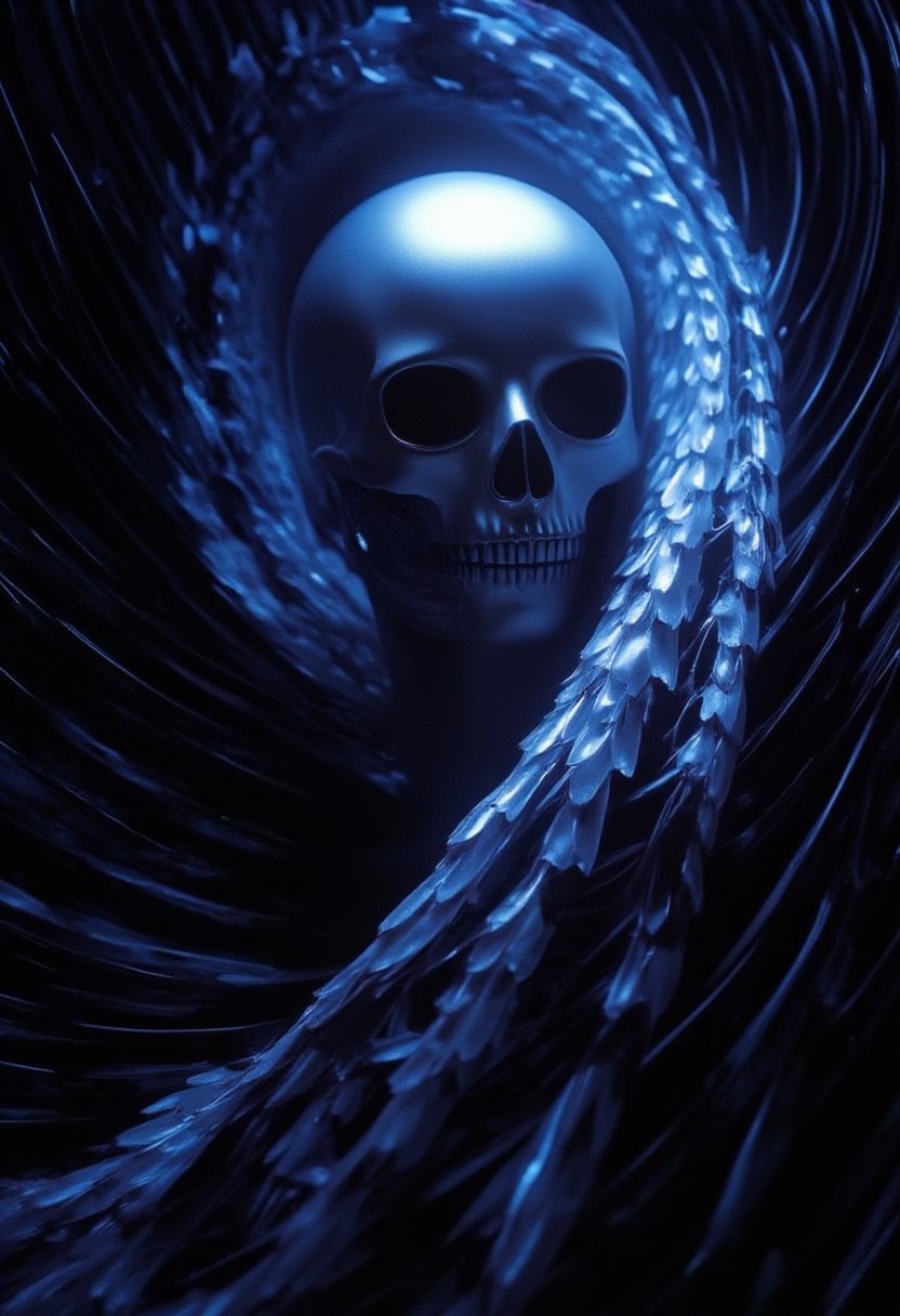 the silver skull is distorted by the twists and turns of a woman with dark hair, in the style of neon impressionism, dark blue and light black, photoillustration, made of metal feathers, expressive light and shadow, expressionist emotiveness
,dark,chiaroscuro,weird_futuristic_fashion,Hollywood Cinematic Film style,epic photography,dramatic light,Kodak film style