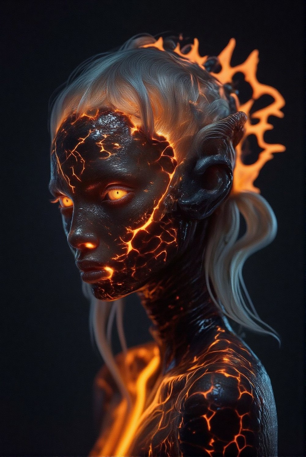 A surreal close-up of a human face where the skin appears to crack open like ceramic, revealing molten lava underneath. The cracks are glowing bright orange, and the person's eyes have an intense, fiery glow. The hair is a smoky gray, with embers flickering at the tips. The lighting is dramatic, casting harsh shadows that enhance the molten effect. The atmosphere is otherworldly and intense, with a burning, apocalyptic feel.     DB4RZ, DB4RZ style painting,   f4nt4st1c,Weird_Aquatic_Style,Weird_Alien_Fashion