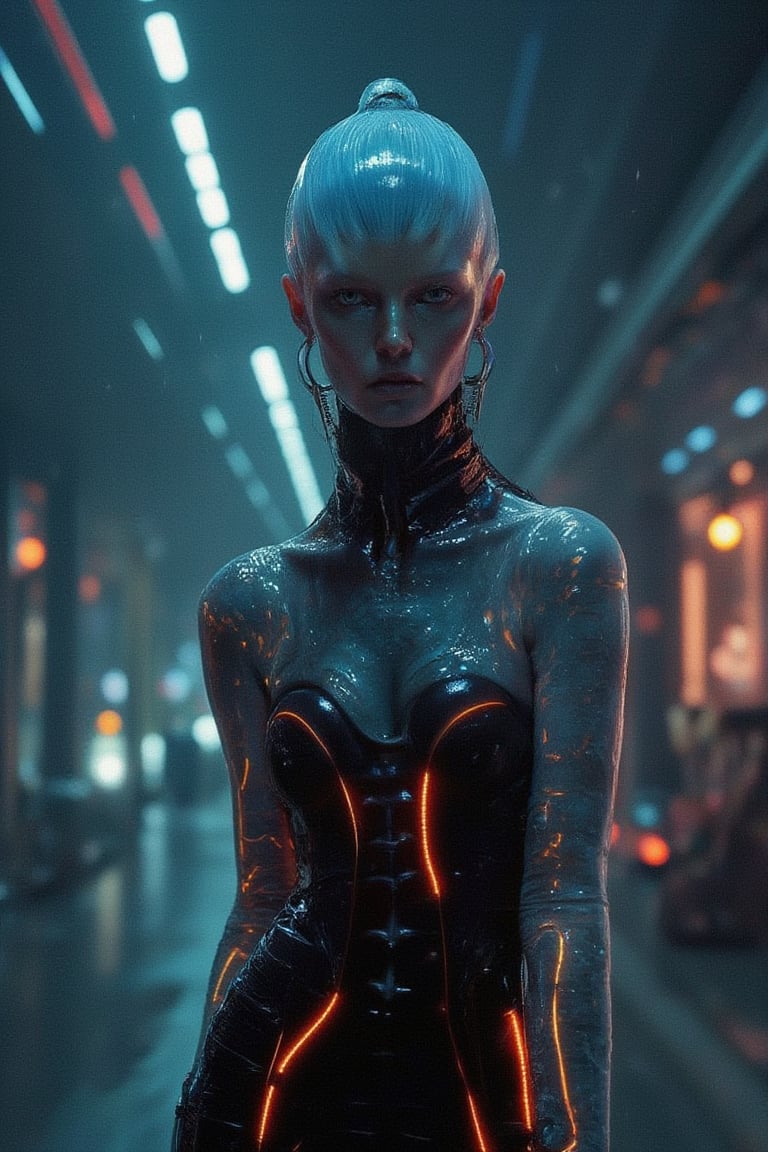 best quality, masterpiece, Expressiveh, android girl, full body, (realistic:1.3, 16K, top quality, masterpiece, Ultra-high resolution), ((light rain, bottom)), Perfect dynamic composition:1.2, Highly detailed skin, Incredibly thin body, blue HAIR, fair skin, ((neon cyberpunk plug suit)), necklace, earrings, bracelet, ((flat chest)), (thigh gap), blank expression, (Modern futuristic city at night, Expressions of sadness:0.5), ((cyberpunk motorcycle)),Weird_Aquatic_Style,weird_futuristic_fashion