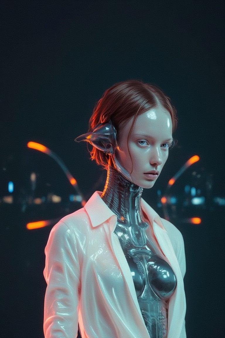 Cyberpunk female android wearing a white shirt, ((The shirt is wet and transparent)),see-through clothes, A cybernetic body can be seen underneath, light reflecting off the mirrored mechanical body, short wavy brown hair, and piercing eyes. Mechanical neck and chest with intricate details. Futuristic background with holographic elements. Anime style, high-contrast lighting, detailed mechanical parts, elegant yet robot-like poses, and a sophisticated and mysterious atmosphere.,lyh_kuno,Weird_Aquatic_Style,weird_futuristic_fashion