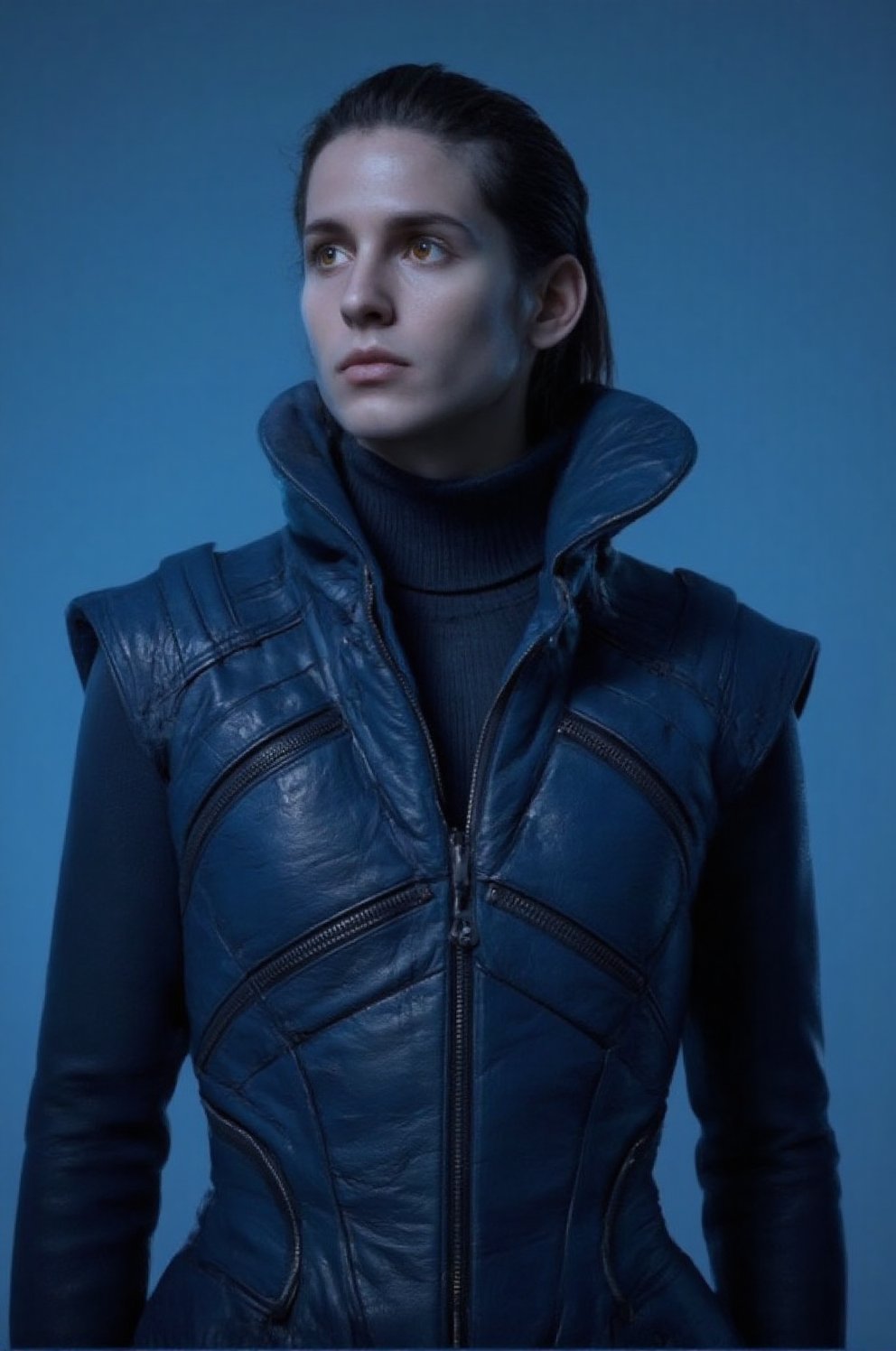 A man with a long straight hair and blue leather clothing is standing against a blue background,  wearing a blue leather v...