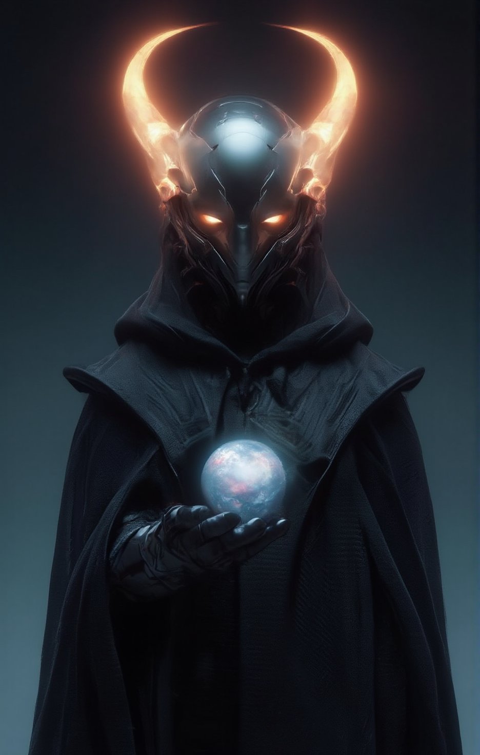 futuristic hooded rogue commando with futuristic gold mask and cape, glowing eyes, holding galaxy in hand, photorealistic, cinematic lighting, volumetric lighting, hypermaximalist,weird_futuristic_fashion,mecha armour,MEDIEVAL ARMOR