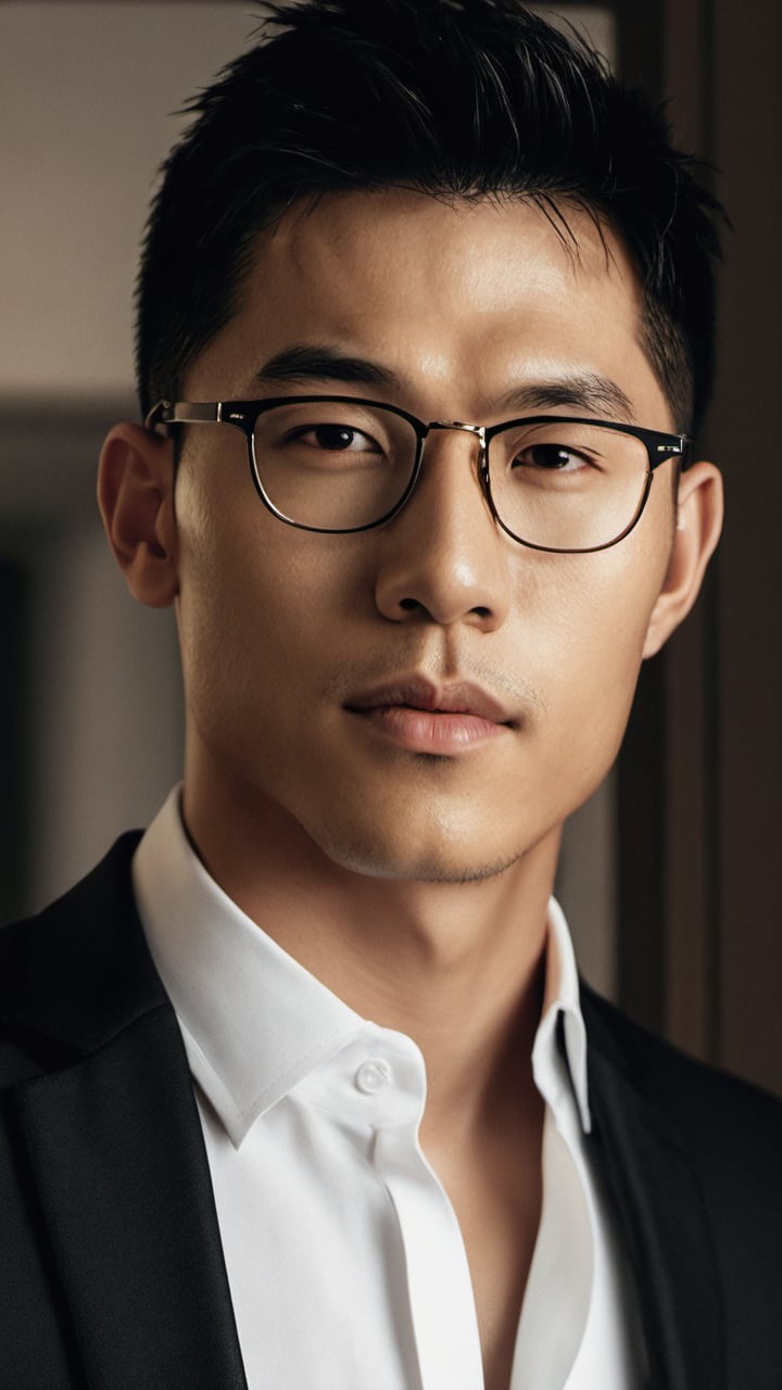 masterpiece, 1 Man, Handsome, Chinese ,Look at me, Brown eyes, sparkling eyes,Short hair,Angular face, there has some stubble on his face,glasses, courage,bare, tanned skin, dark nipples, sexy chest, 3
40 years old,180cm, secretary, he is in a 
 Black suit, indoors, in a room full of sunshine, making a pose about invite the viewer,textured skin, super detail, best quality