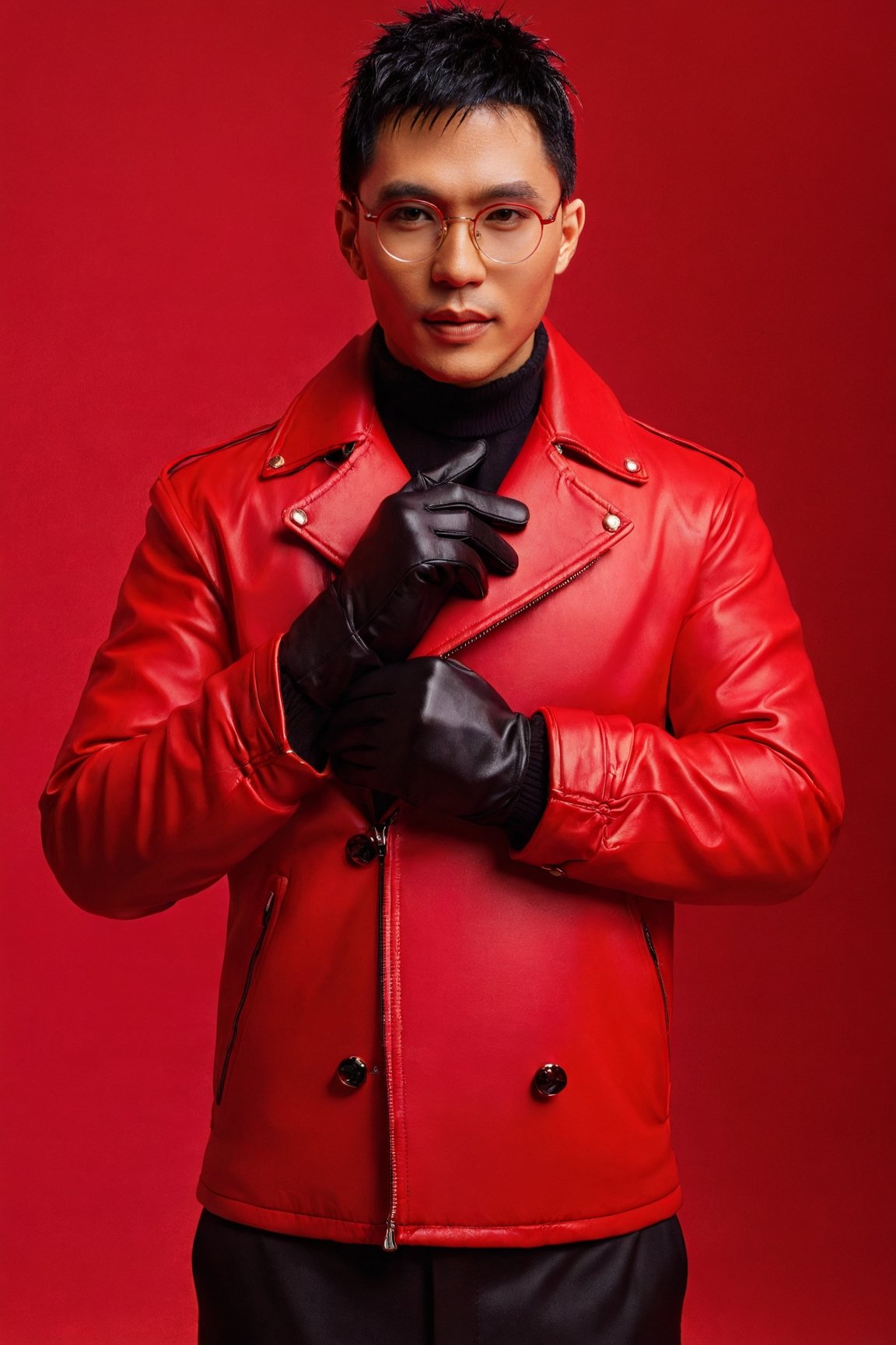 Christmas solo,black leather gloves,christmas_clothes, 1man, Taiwanese, black hair, male focus, glasses, red background,red theme,christmas