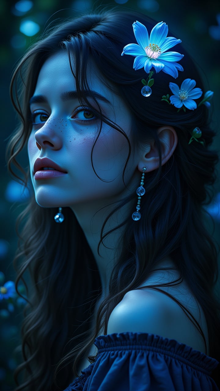 A breathtakingly detailed CloseUp Photography masterpiece captures the essence of an exquisite girl's hair adorned with a stunning bioluminescent flower. Soft focus blurs the background as the subject's locks take center stage, showcasing intricately textured strands and a single, radiant bluebell-like bloom with delicate water droplets clinging to its luminous petals. The analog-style image is rendered in photorealistic 16k resolution, boasting hyper-realistic details that evoke sculptural art. Oil and marker lines on cracked epoxy glass create an exquisite, high-contrast framework, while ultra-fine illumination highlights the subject's hair and flower with dramatic flair, perfect lighting, and a hint of mystique.