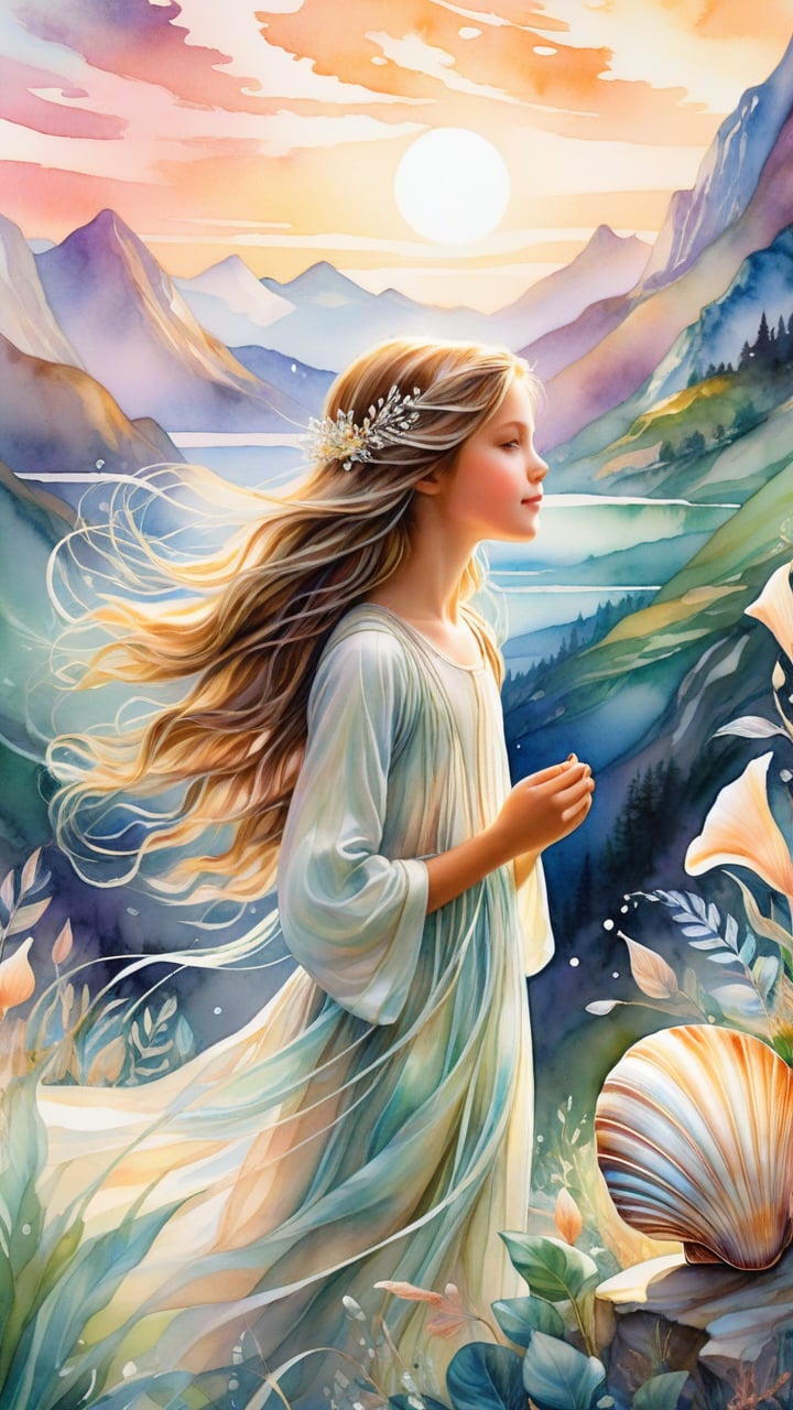 A delicate watercolor painting of a young girl entranced by a radiant, mother-of-pearl shell, set against a whimsical landscape. Softly glowing plants and misty mountains fade into the distance as the girl's flowing hair drifts lazily in an ethereal breeze. The dreamlike scene is characterized by surreal colors blending harmoniously, evoking a sense of wonder and enchantment in this fantasy-science fiction world.