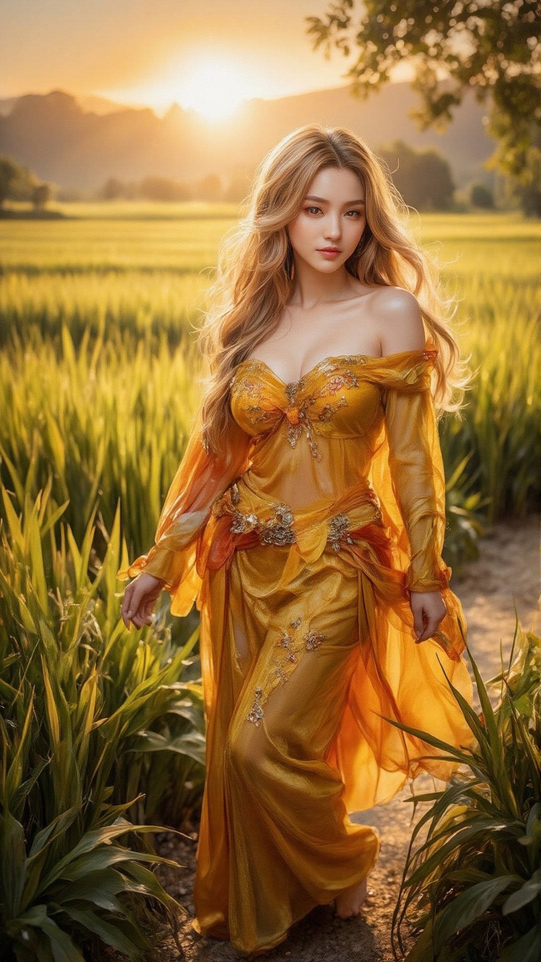 Against a warm sunset backdrop, a stunning cosplayer dressed as Scarecrow from The Dark Knight stands amidst lush green rice fields. Her long golden hair flows gently in the breeze as she poses with confident elegance, her bright yellow and orange costume radiating against the rustic terrain. The soft afternoon light casts a flattering glow on her porcelain skin, while the vibrant scenery behind her creates a striking juxtaposition of beauty and nature.