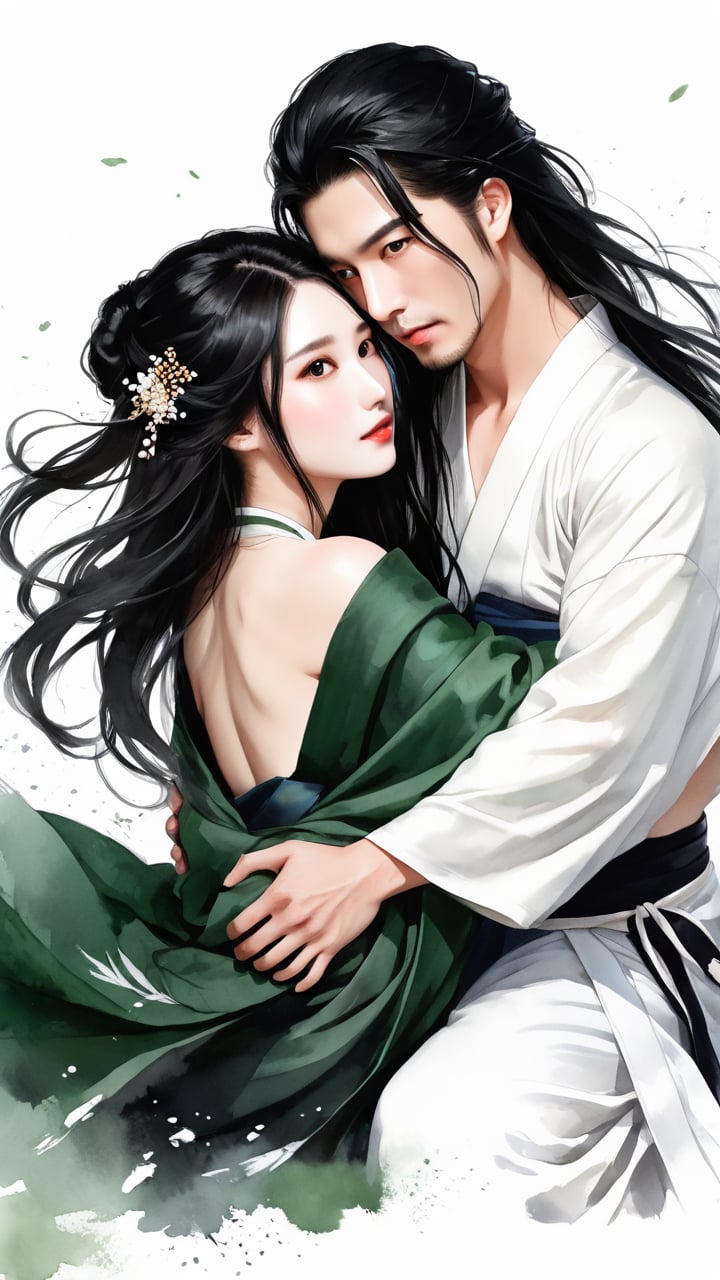 Natural Light, (Best Quality, highly detailed, Masterpiece:1.2), 16k, depth of field, ((wide shot)), Full body portrait. A lady with long black hair, barefoot, wearing a white strapless kimono, dark green silk thread, and leg rings. She hugged her boyfriend, who was wearing black Hanfu, and kissed her deeply. Transparent watercolor, splash ink rendering, chaos rendering, (beautiful and detailed eyes), (realistic detailed skin texture), (detailed hair), (realistic light and shadow), (clean outline, sketch style line art),ink splash