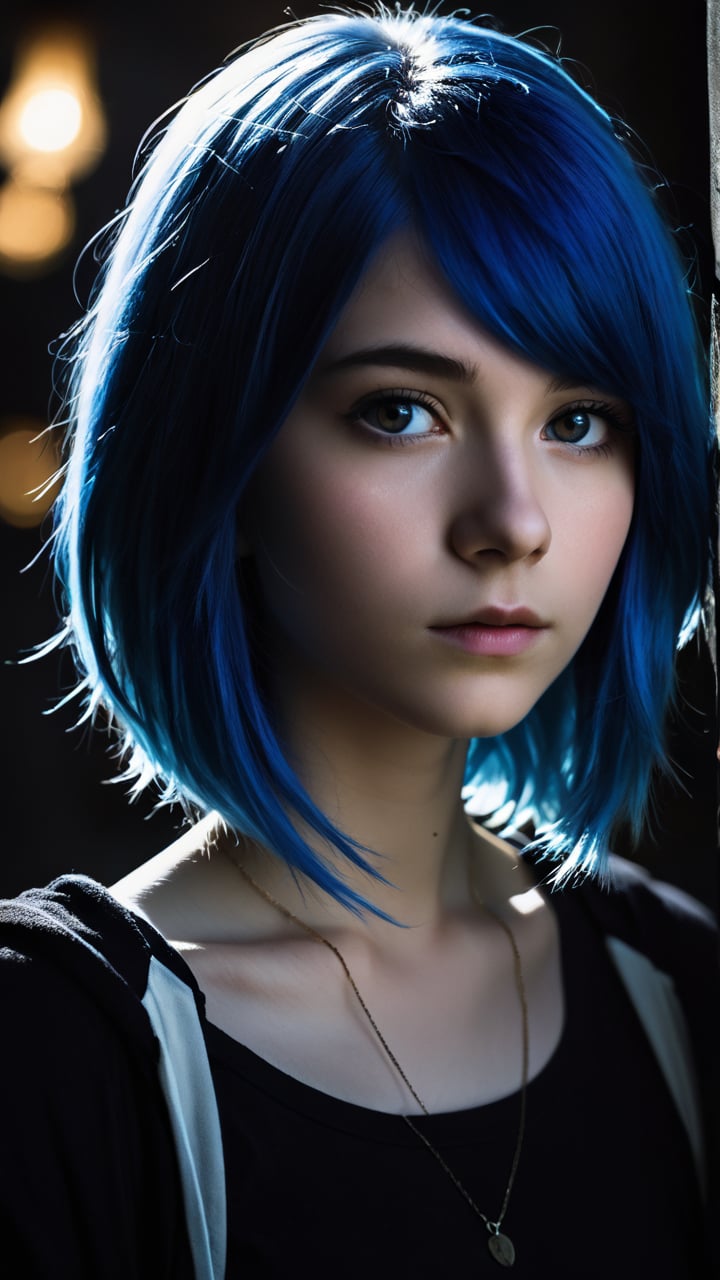 A cinematic portrait of a teenage girl with vibrant blue hair, set against a dark and mysterious background. The subject's face is illuminated by a dramatic, angled light source, casting a strong shadow across her cheekbone. Her eyes gleam with a hint of mischief, as if she's about to reveal a secret.